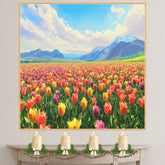 Painting of a Colorful Tulip Field in Full Bloom with Vibrant Red Yellow and Pink Flowers Under a Bright Blue Sky and Majestic Mountain Landscape in the Distance on Ready to Hang 1.5" Thick Canvas Wrap, Floating Framed Canvas, Flat Rolled Canvas